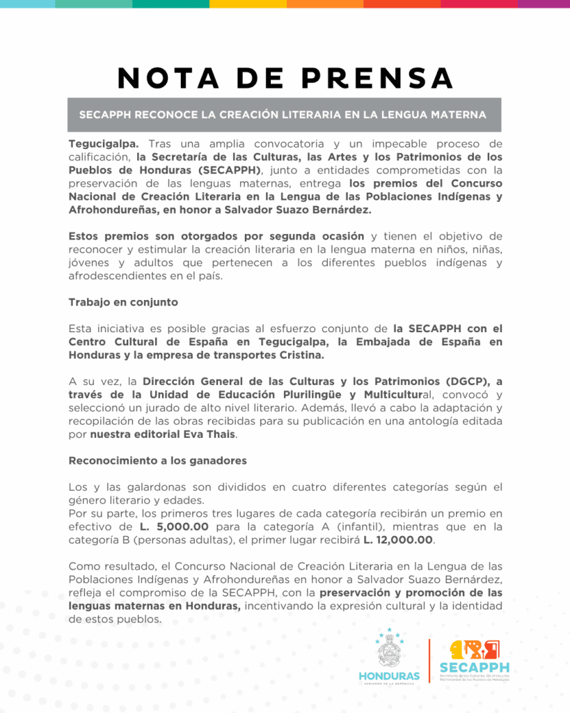 Nota de Prensa - SECAPPH reconoce la creación literaria en la lengua materna
